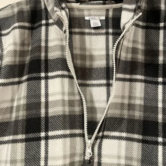~ O'Neill XL Fleece Jacket Black Gray Plaid Hoodie Pockets Half Zip Unisex - Picture 11 of 12